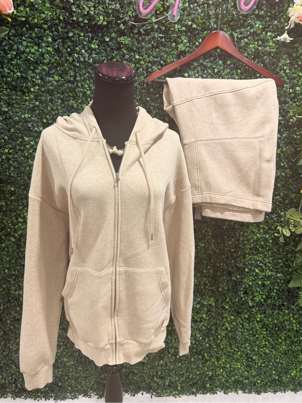 Fleece zip up hoodie and barrel leg sweatpants